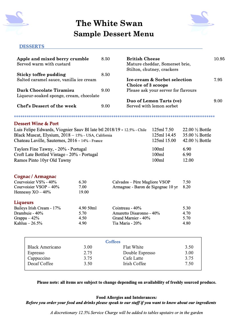 White Swan Sample Dessert Menu